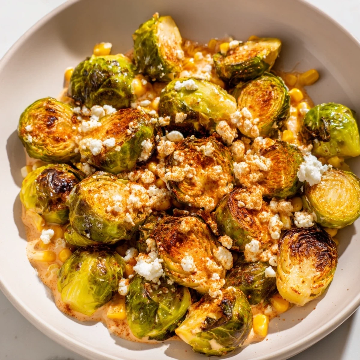 Golden roasted Brussels sprouts with charred corn, creamy chili-lime sauce, crumbled cotija, and cilantro in Mexican Street Corn Brussels Sprouts Delight.