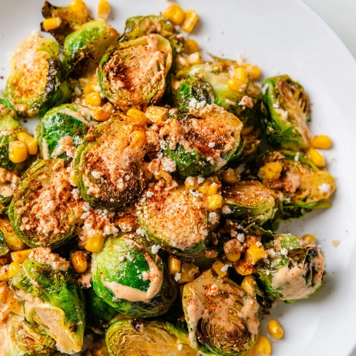 Hearty Mexican Street Corn Brussels Sprouts Delight plated with warm roasted sprouts, creamy dressing, fresh lime wedges, and a sprinkle of chili powder.