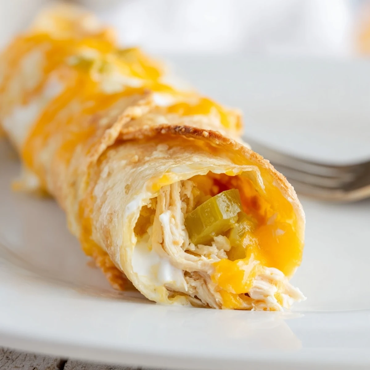 Twelve crispy Dill Pickle Ranch Chicken Taquitos are arranged on a wooden board, revealing the shredded chicken, melted cheddar, and creamy filling inside a few split open.
