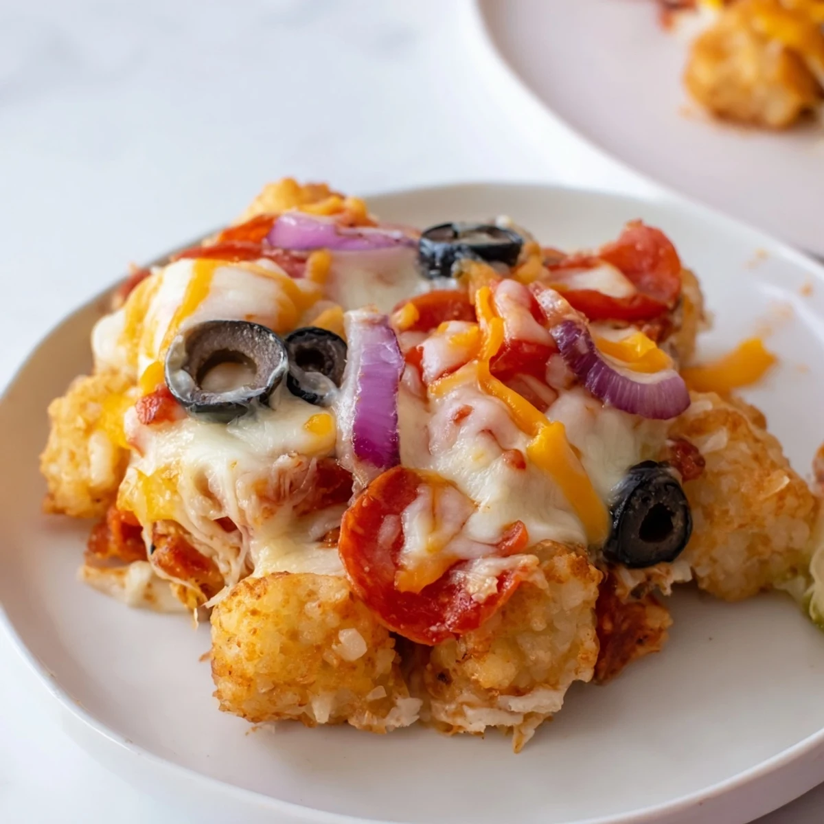Golden brown crispy tater tots are topped with melty mozzarella and pepperoni on a Cheesy Pizza Tot Casserole for a family-friendly dinner.