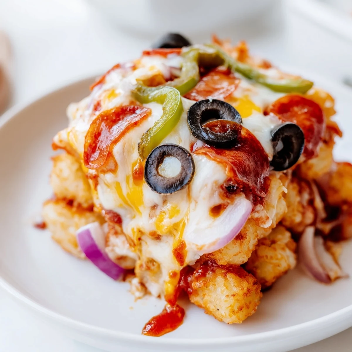 A close-up of the Cheesy Pizza Tot Casserole shows bubbling cheese and fresh bell peppers over a savory tomato sauce base.
