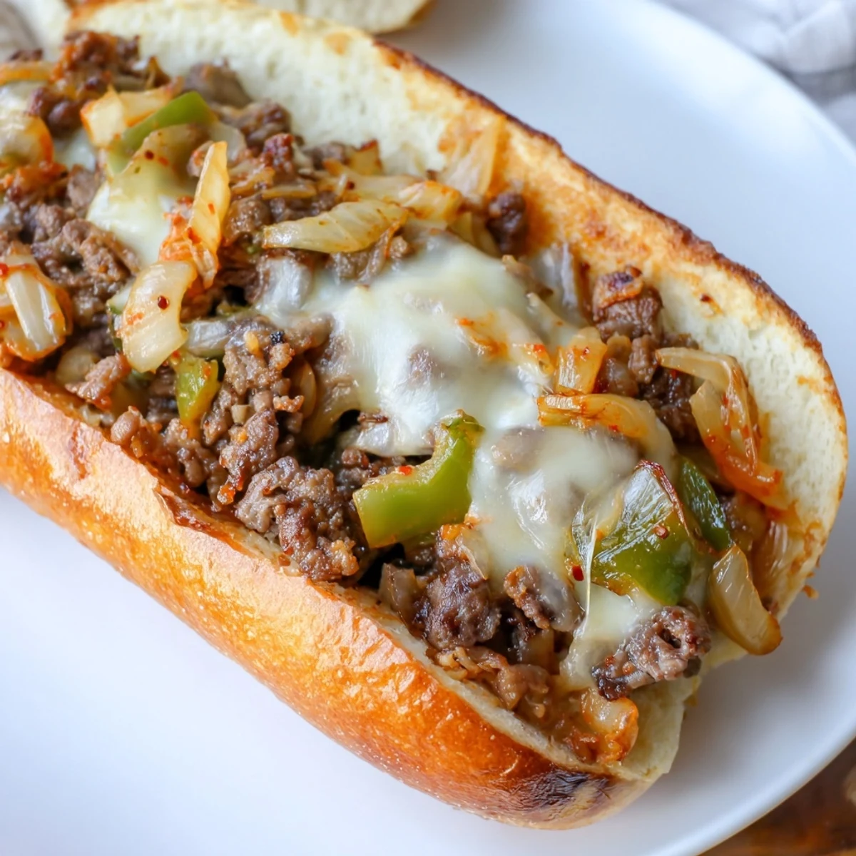 Golden-brown toasted hoagie rolls overflowing with savory bulgogi beef and vibrant chopped kimchi under melted provolone cheese, ready to serve for the Irresistible Korean Kimchi Bulgogi Cheesesteak recipe.  
