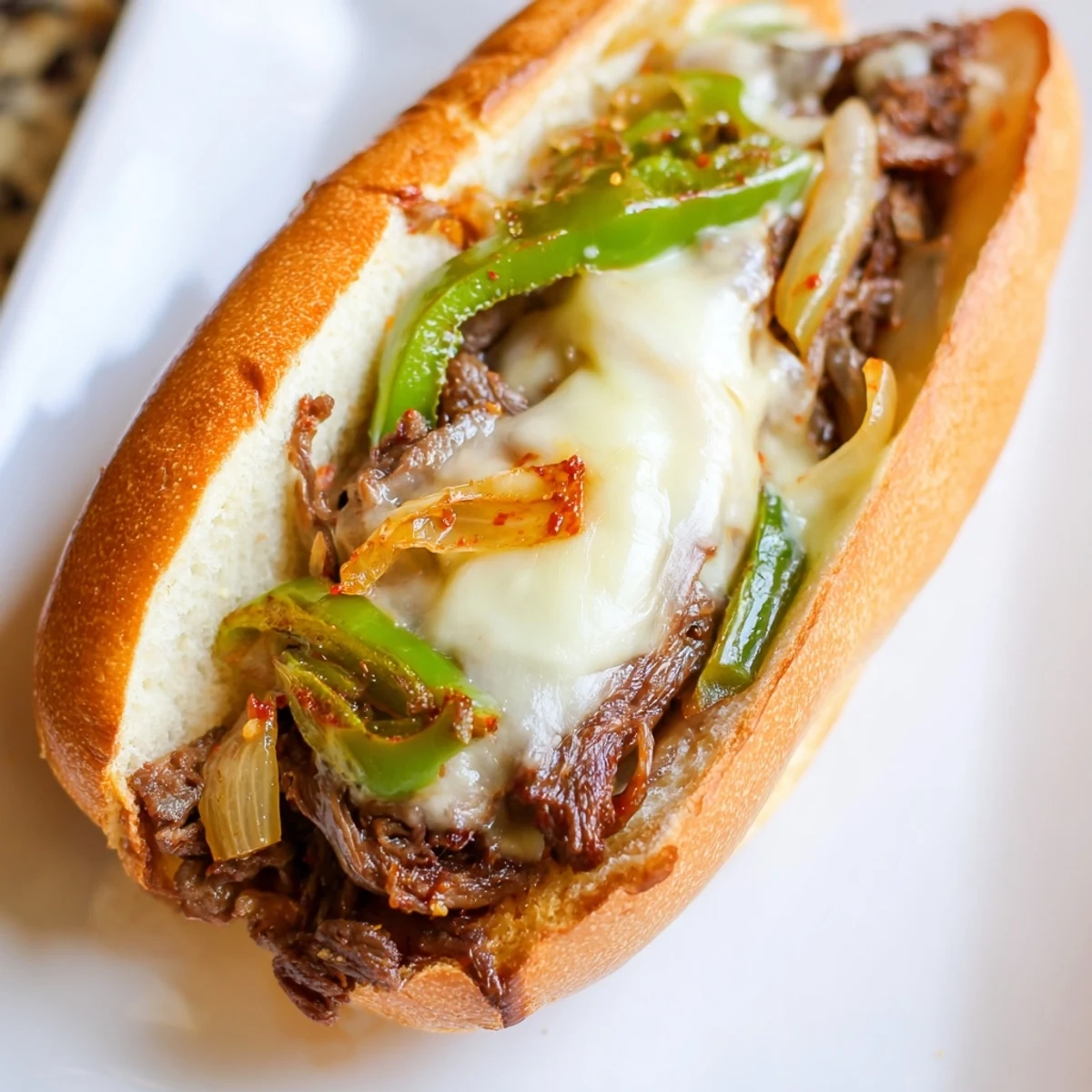 Overhead shot of the Irresistible Korean Kimchi Bulgogi Cheesesteak garnished with sesame seeds and green scallions on a rustic wooden board, highlighting the fusion of Korean and American flavors.