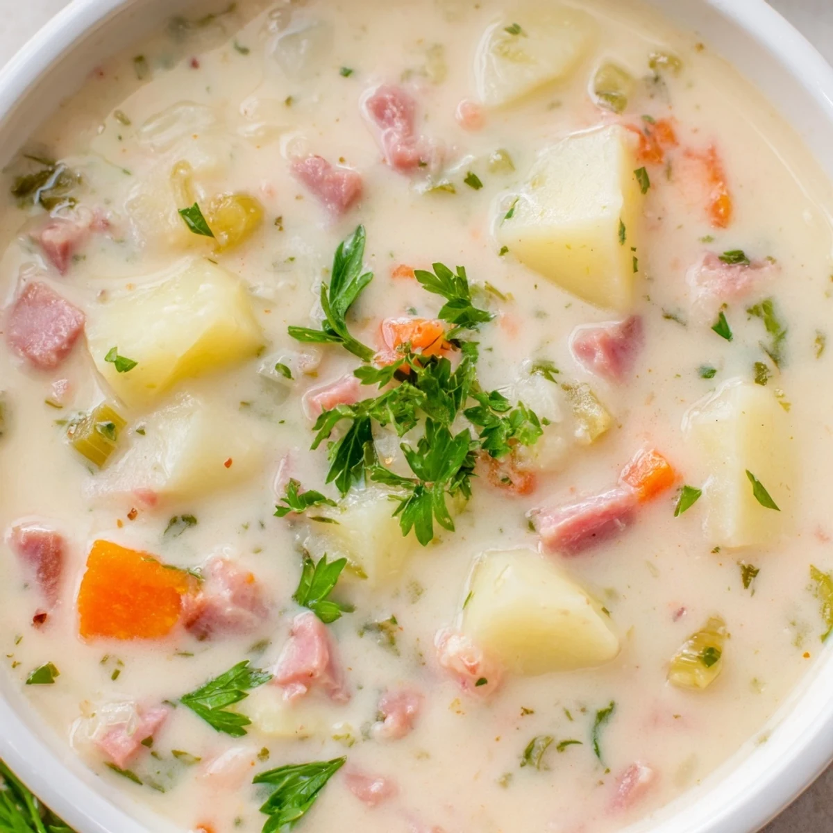 Steaming Light Ham & Potato Chowder in a rustic bowl, garnished with fresh parsley and black pepper.