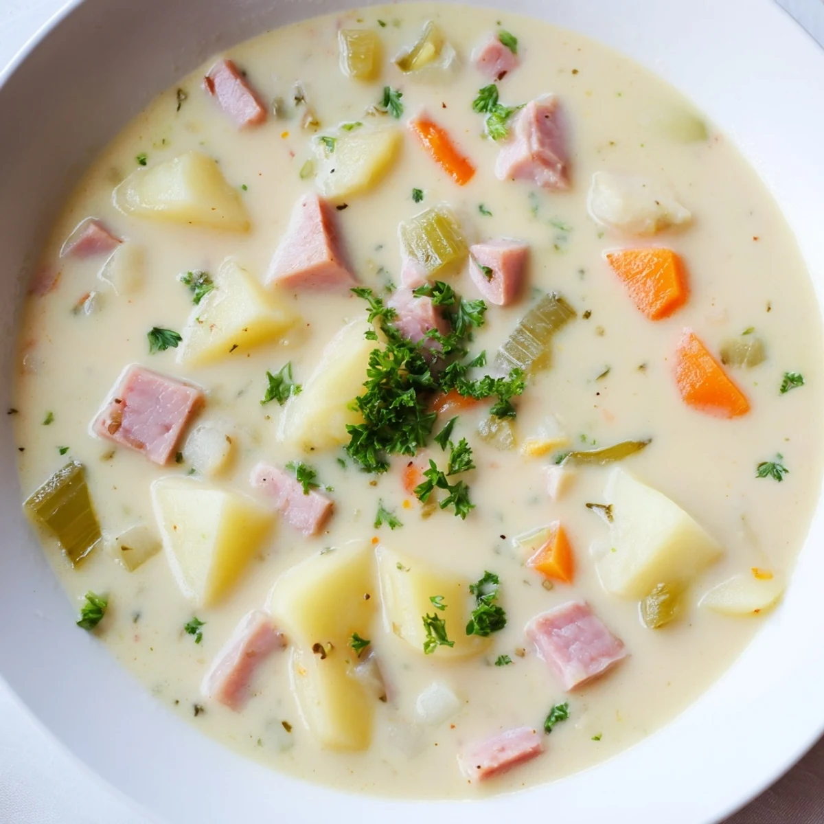 A close-up of Light Ham & Potato Chowder featuring tender potatoes, diced ham, and colorful vegetables.