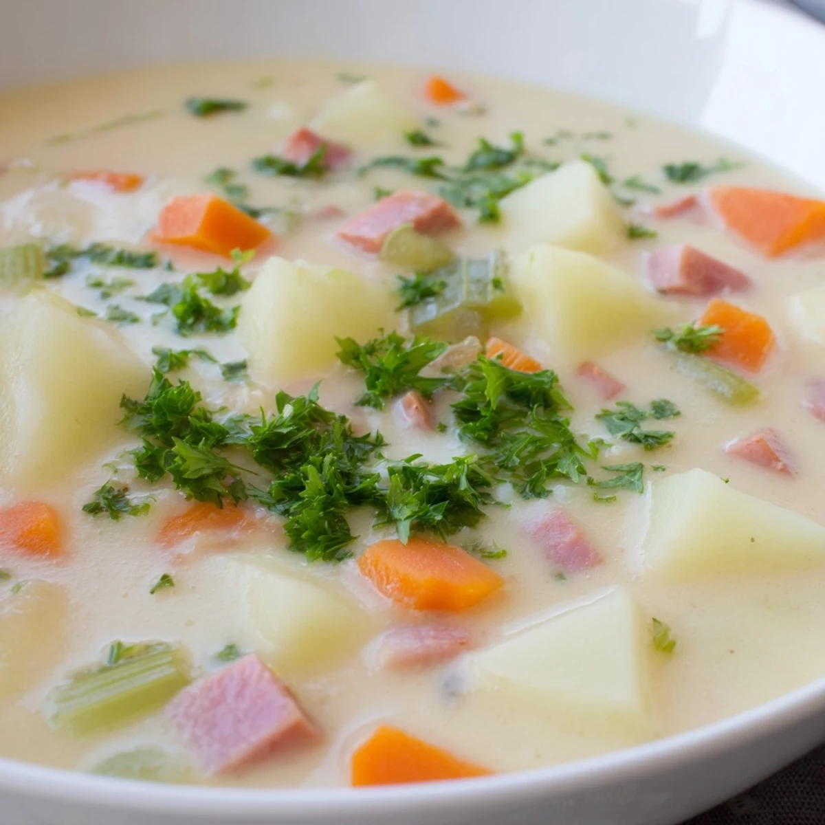 Creamy Light Ham & Potato Chowder served hot in a white bowl, ready to enjoy.