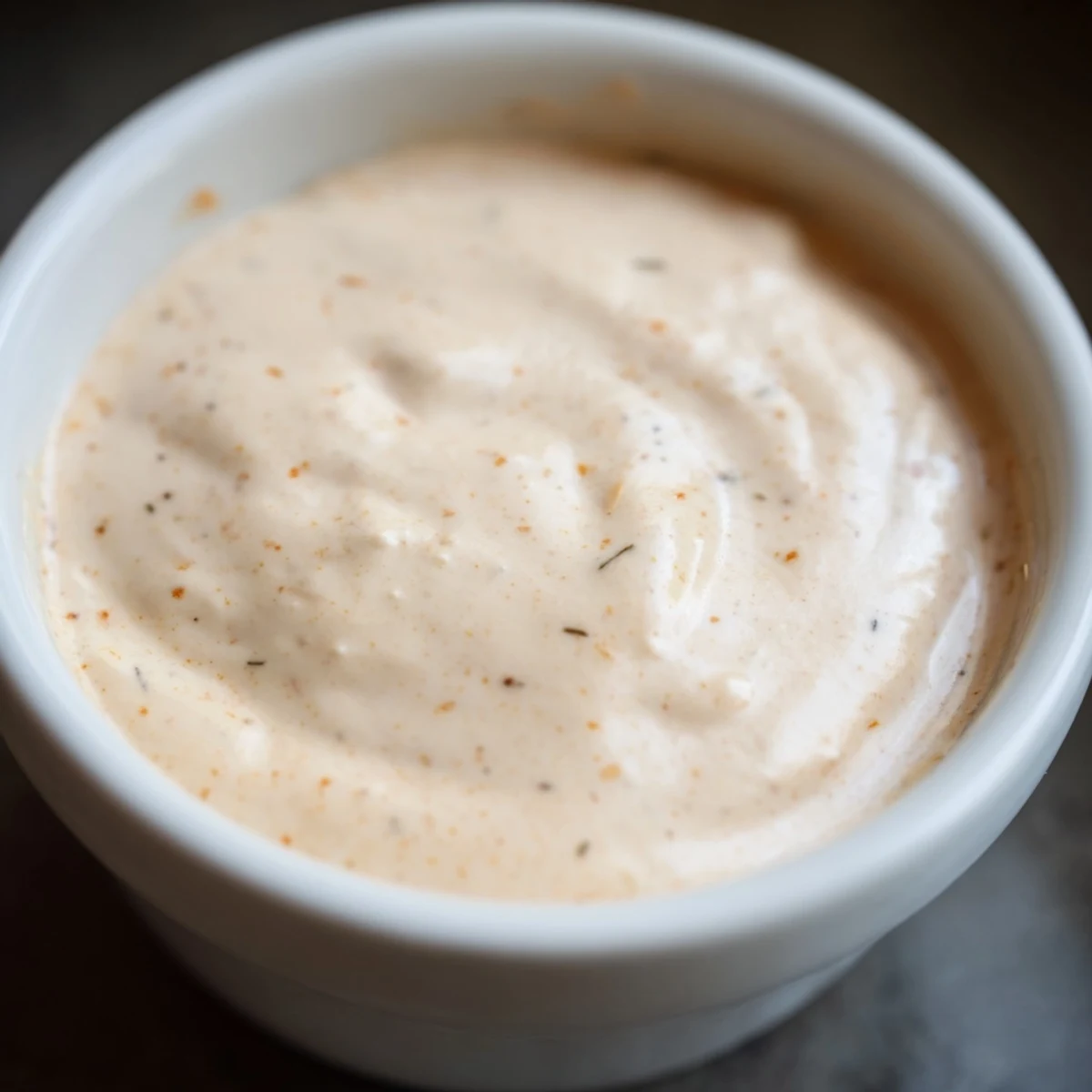 Creamy hot honey ranch crispy chicken tenders sauce served in a small white bowl with a drizzle and fresh herbs beside golden tenders.