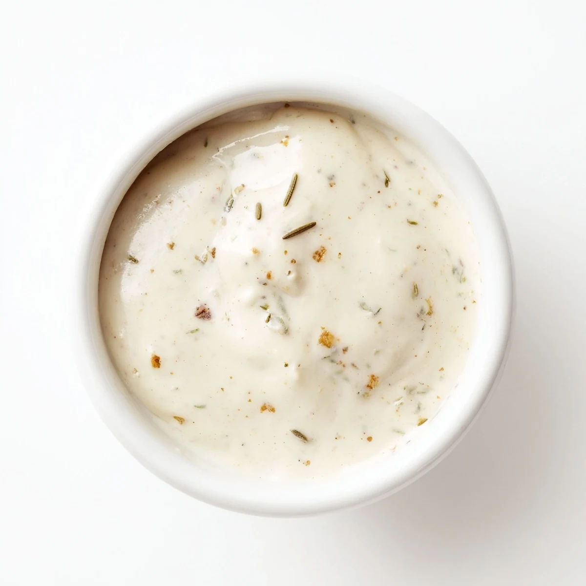 Homemade hot honey ranch crispy chicken tenders sauce in a rustic bowl with ranch herbs and honey swirls on a marble counter.