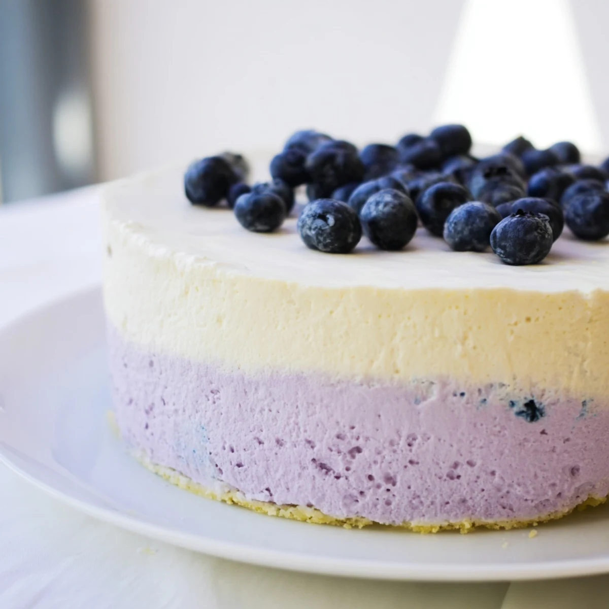 Blueberry Mousse Cheesecake sits elegantly on a plate, garnished with mint leaves and a dollop of whipped cream.