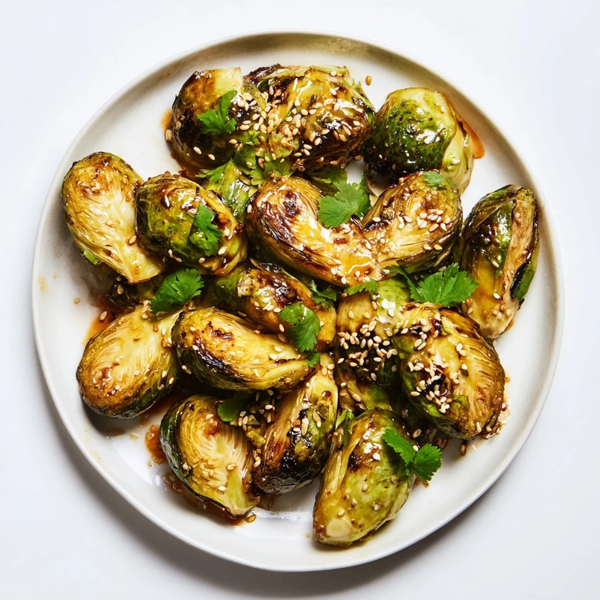 Golden roasted Honey Sriracha Brussels Sprouts glazed and garnished with sesame seeds on a white plate.