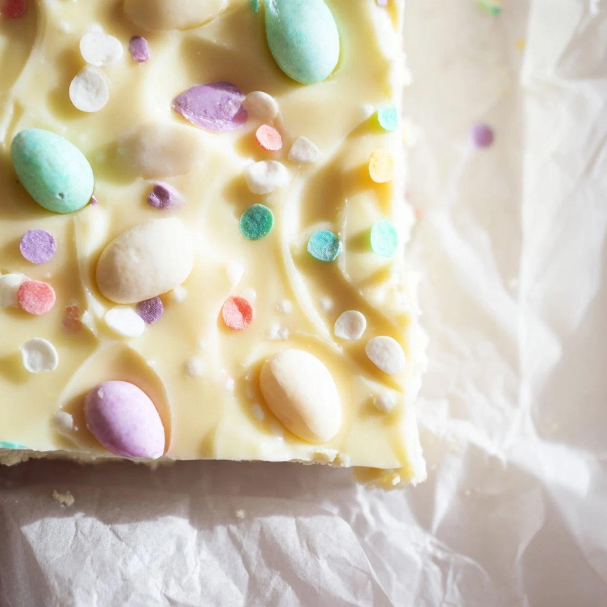 Creamy Easter Fudge squares topped with pastel candy eggs and sprinkles on a white plate.  