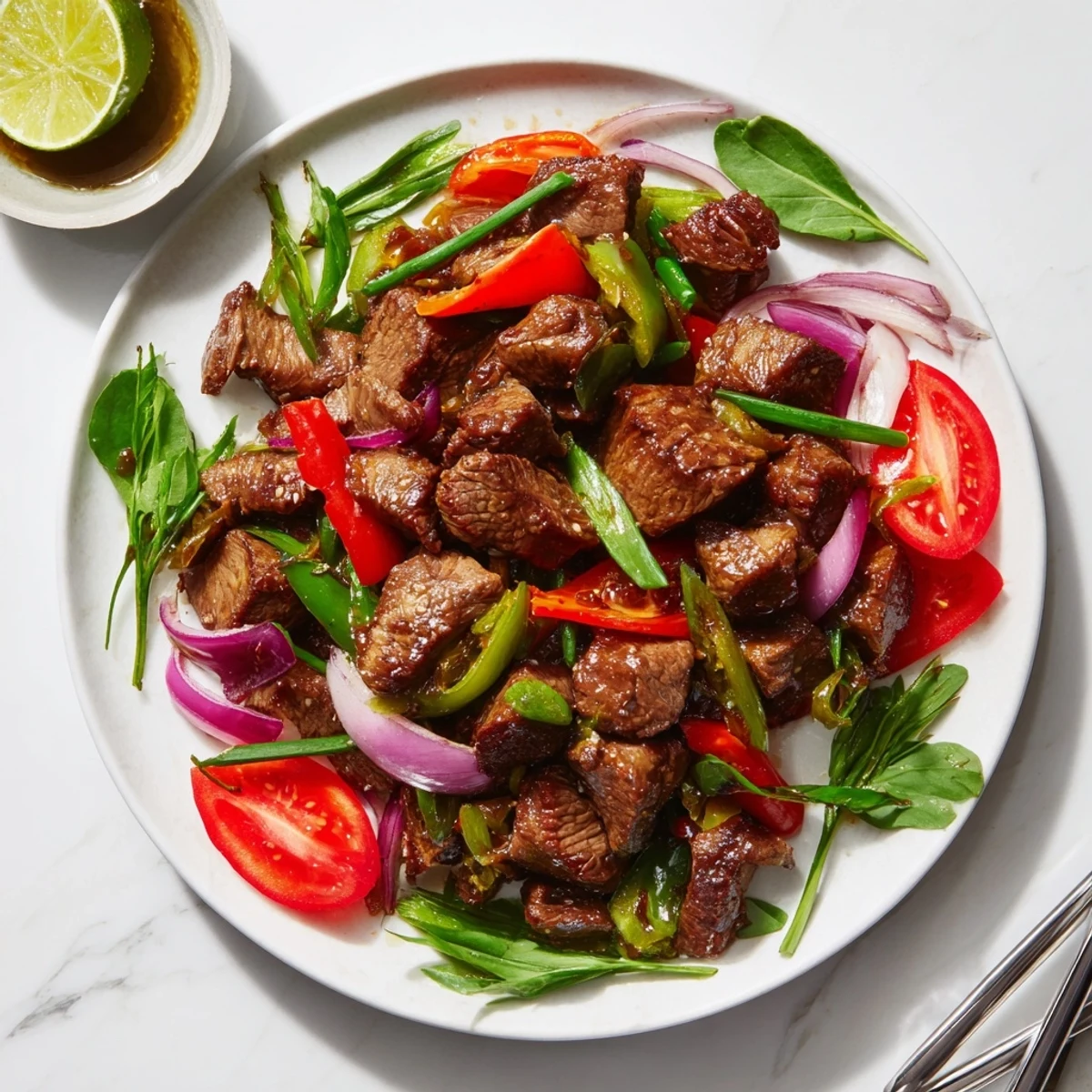 Vibrant Vietnamese Shaking Beef sizzles on a platter with juicy beef cubes, crisp bell peppers, and fresh watercress.