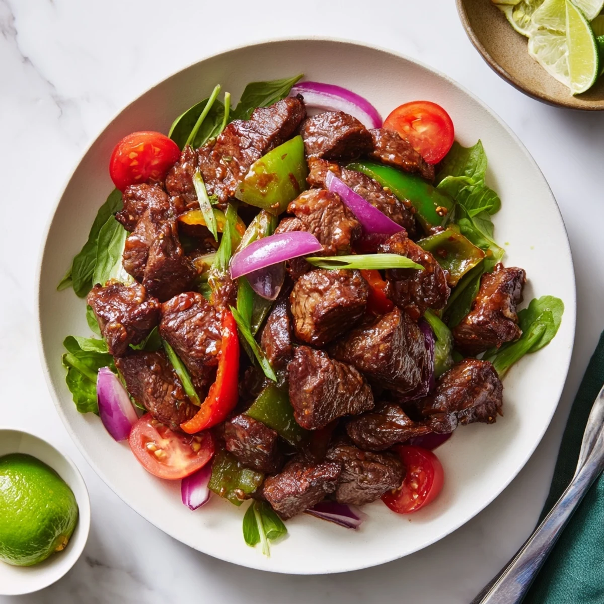 Close-up of sizzling Vietnamese Shaking Beef with caramelized edges, red onions, and bright greens on a serving dish.