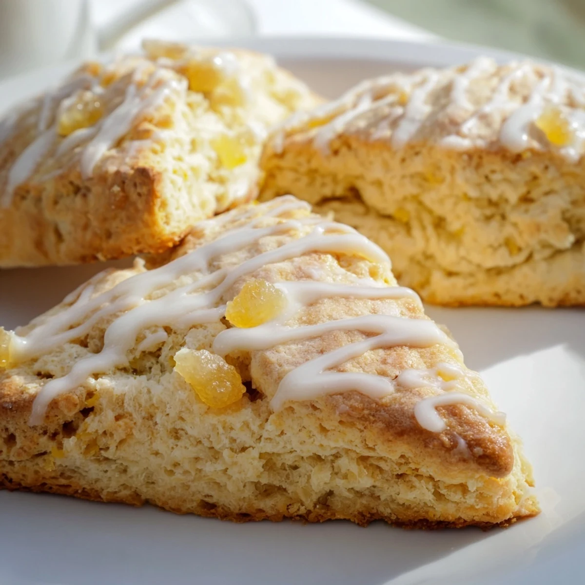 Freshly baked Candied Ginger Orange Scones glistening on a wire rack with a bright citrus glaze and golden edges. 