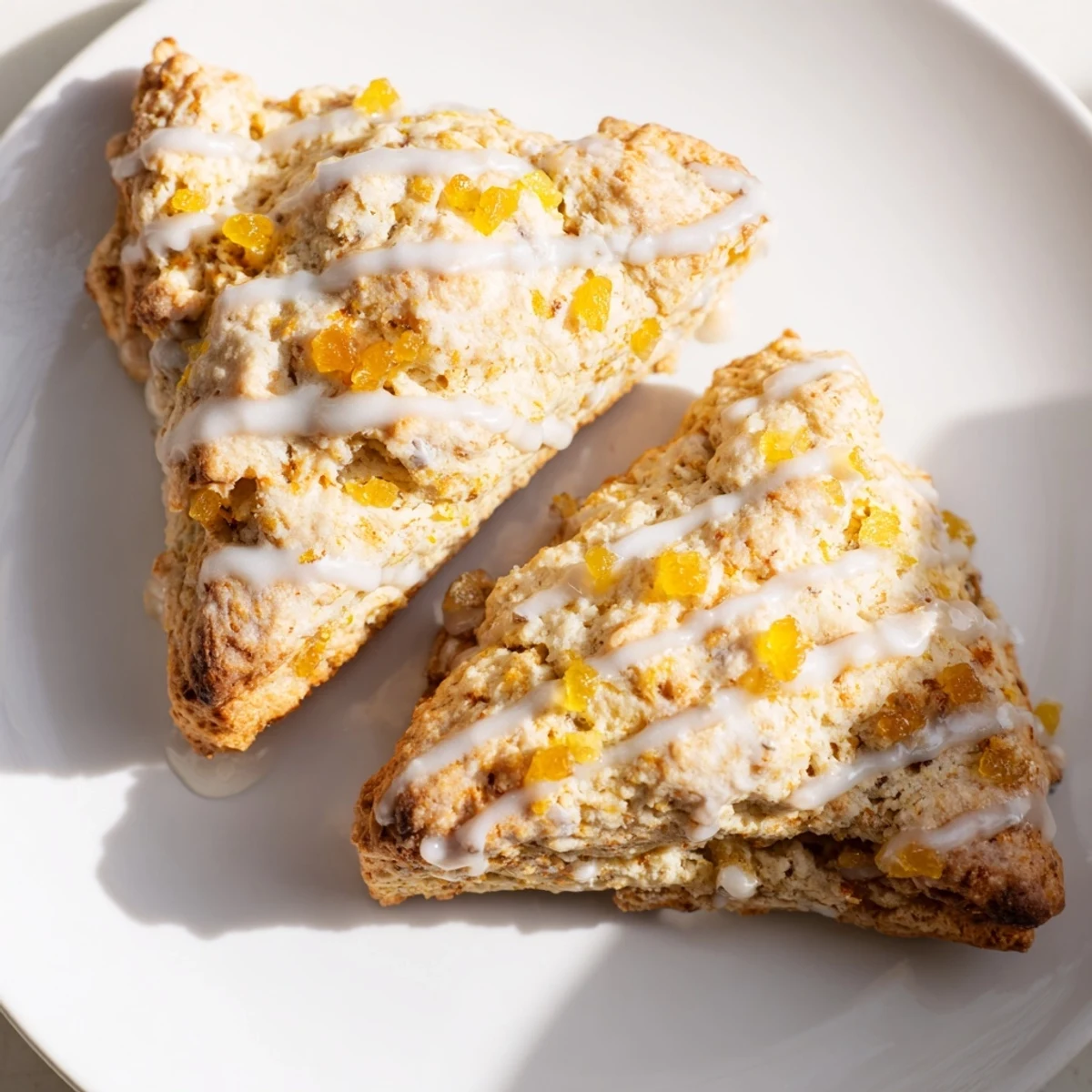 Golden-brown Candied Ginger Orange Scones arranged on a plate beside a cup of tea for an afternoon treat.