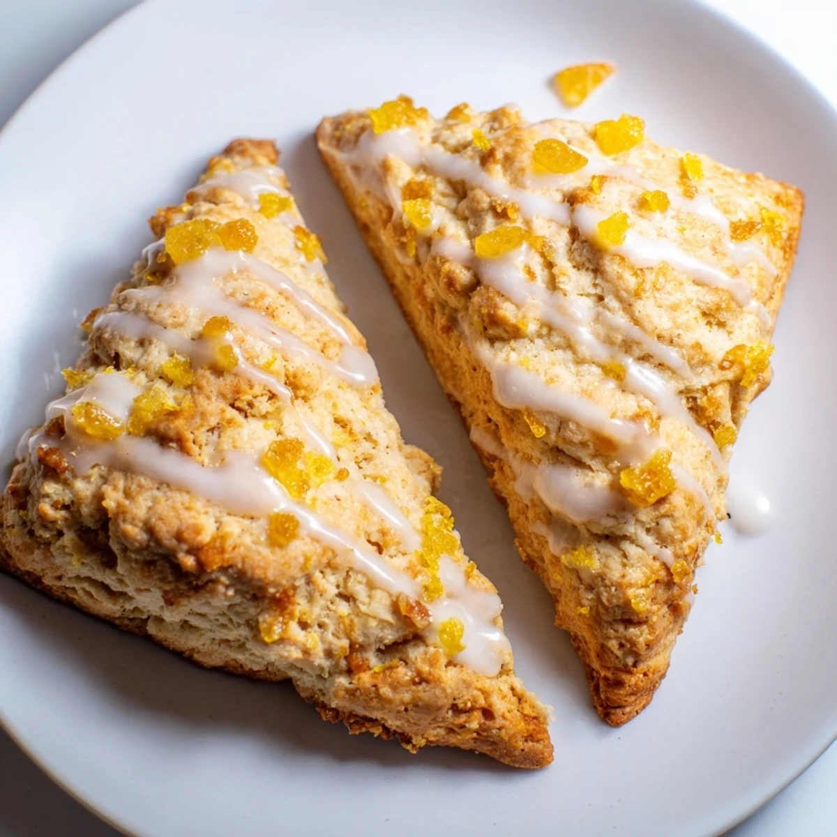 Warm Candied Ginger Orange Scones served on a rustic wooden board, showcasing the tender crumb and spicy ginger pieces. 