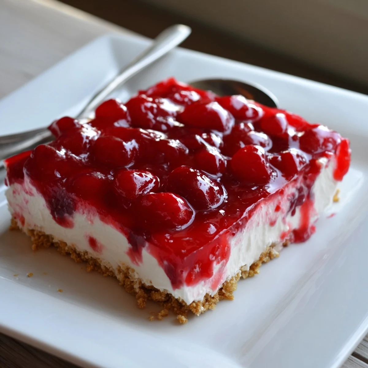 A slice of Classic Cherry Delight showing ruby-red cherry pie filling on a creamy layer above a golden graham cracker crust.