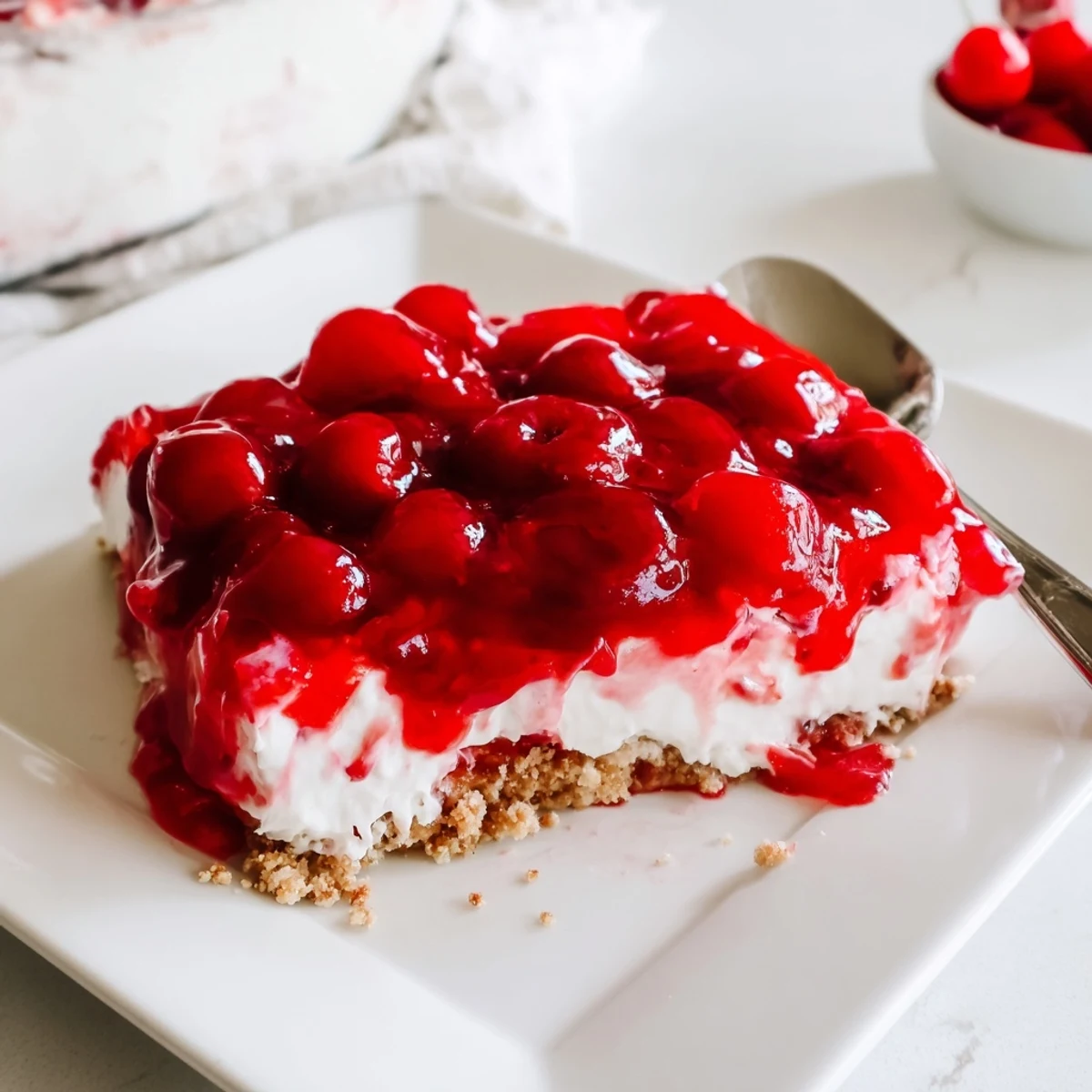 No-bake Classic Cherry Delight in a glass pan, showcasing creamy filling, sweet cherries, and a crunchy graham crust.