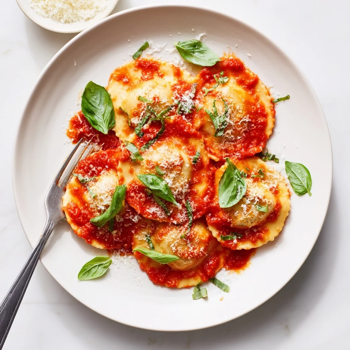 Plated 20-Minute Ravioli with Simple Sauce alongside a crisp green salad and crusty bread on a wooden table.