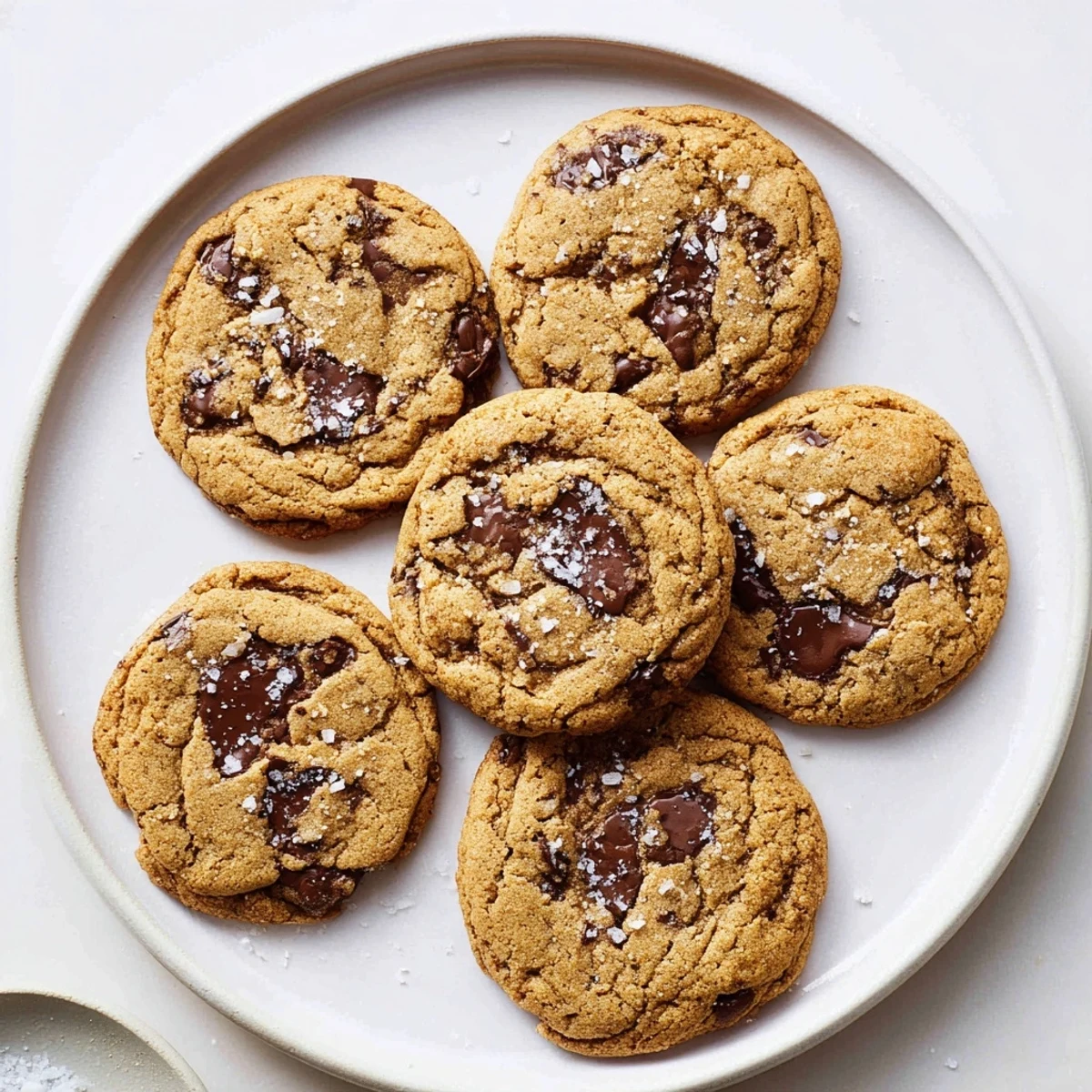 Warm golden Miso Chocolate Chip Cookies cooling on a wire rack with flaky sea salt sprinkled on top.