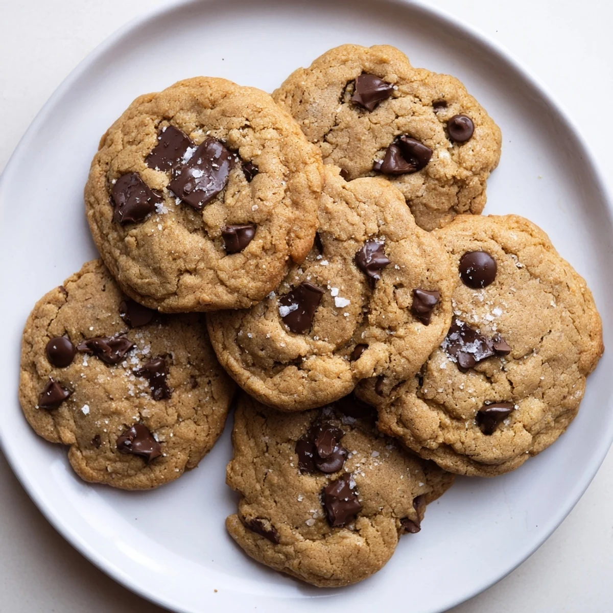 Freshly baked Miso Chocolate Chip Cookies stacked on a white plate next to a glass of cold milk.