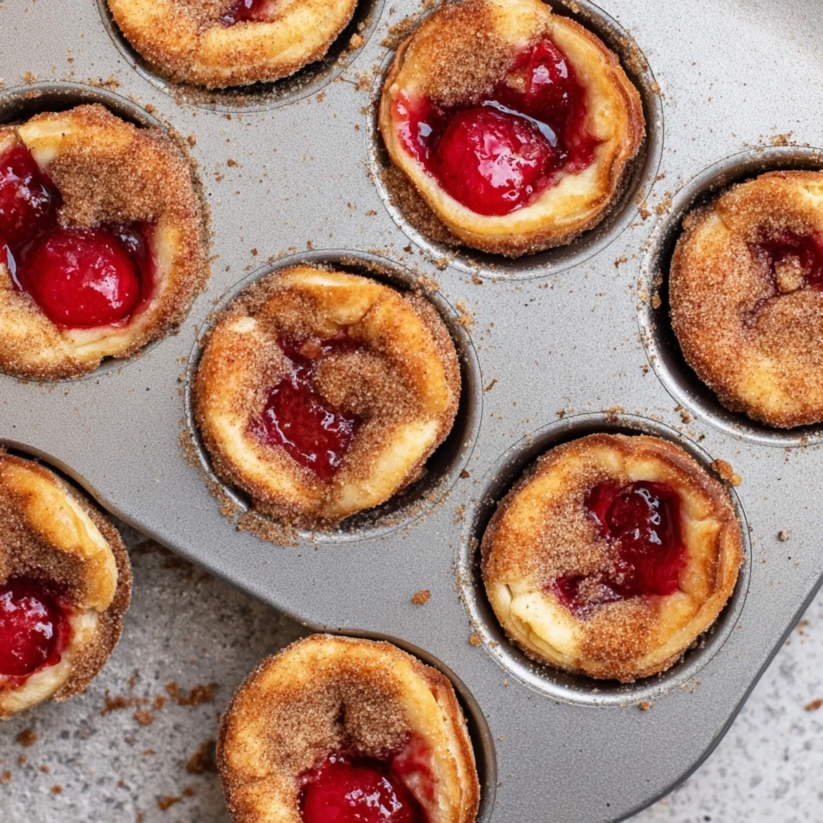 Quick Cherry Pie Bites fresh from the oven, showing golden pastry cups with bubbly red cherry filling in a mini muffin tin.