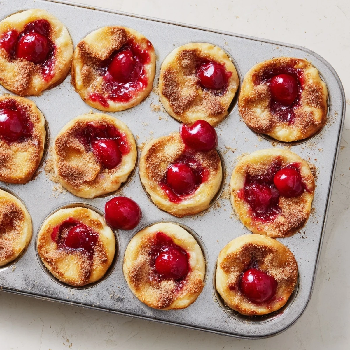 A close-up of Quick Cherry Pie Bites, lightly dusted with cinnamon sugar, paired with a scoop of vanilla ice cream.
