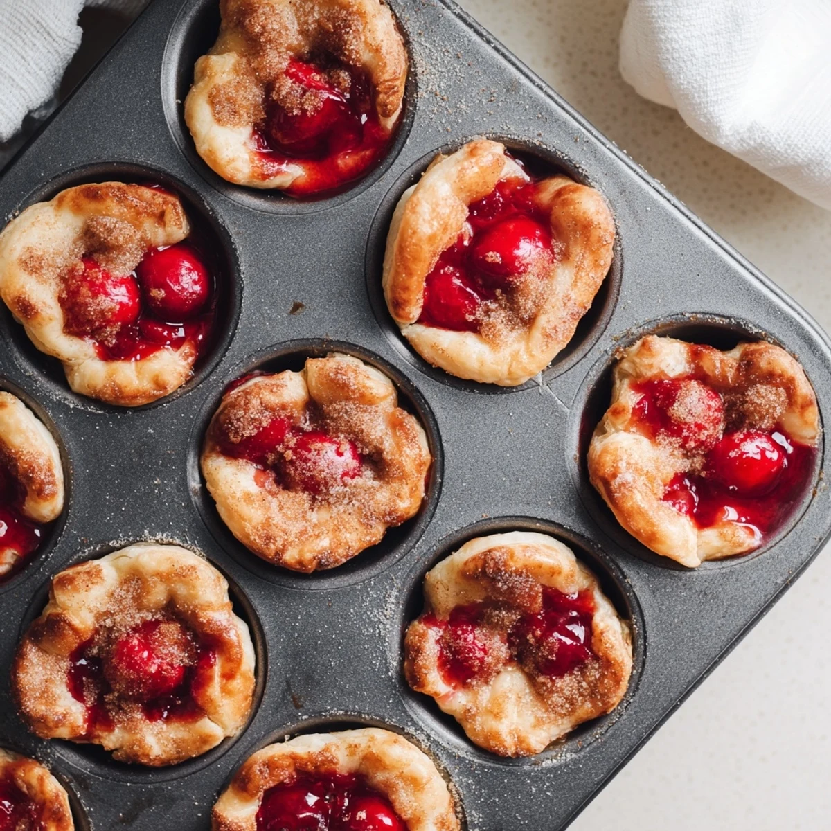 Overhead view of Quick Cherry Pie Bites arranged on a white plate, with fresh cherries and a drizzle of glaze.