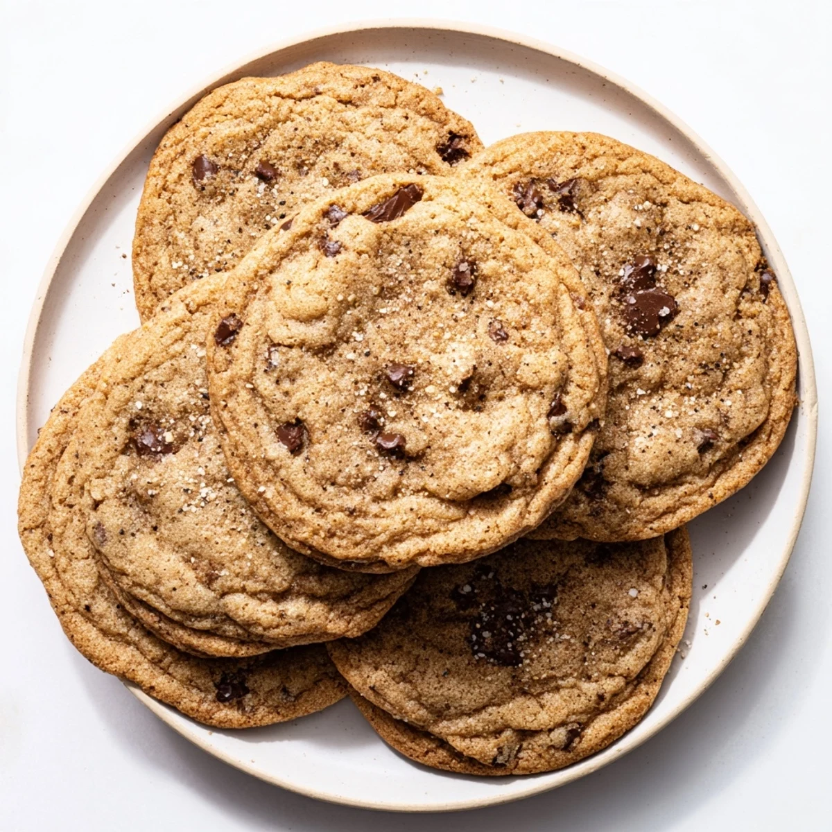 Freshly baked Chai Spiced Chocolate Chip Cookies on a cooling rack with melty chocolate chips and a sprinkle of cinnamon.