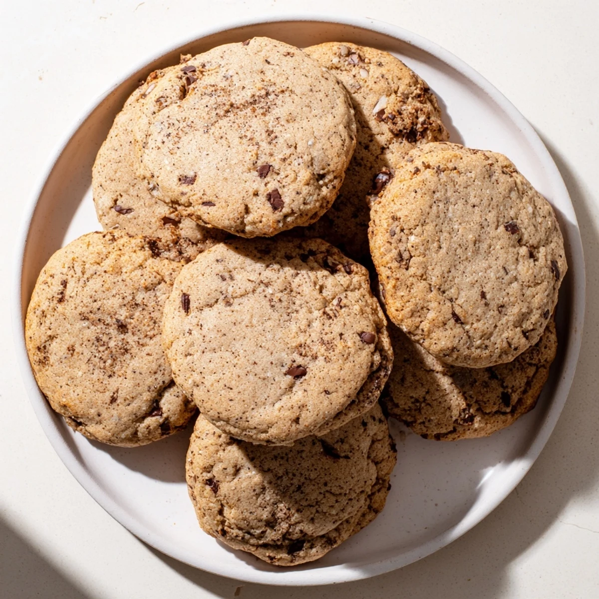 A close-up of golden Chai Spiced Chocolate Chip Cookies with warm chai spices and gooey chocolate on a marble surface.