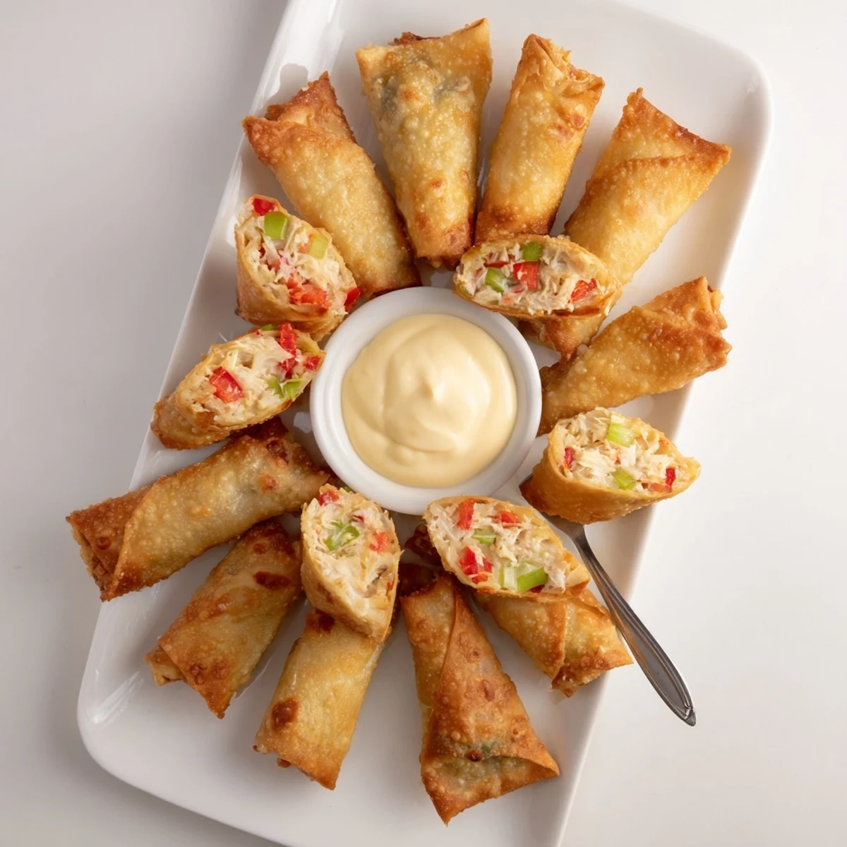 Crispy golden crab cake egg rolls filled with lump crab meat and Old Bay seasoning, served hot with a tangy lemon dip.  