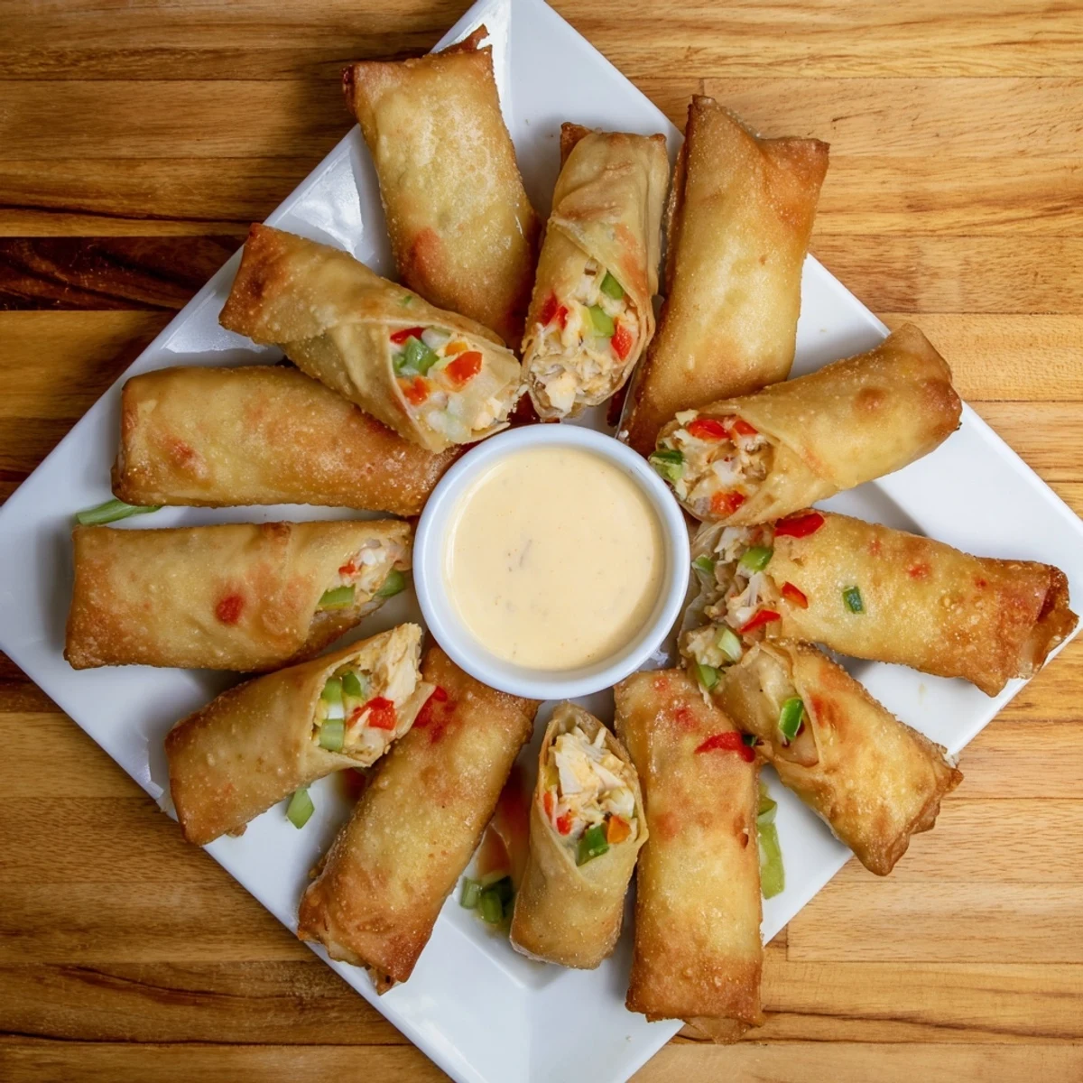 Golden brown crab cake egg rolls stacked on a platter with a creamy dipping sauce and fresh parsley garnish.  