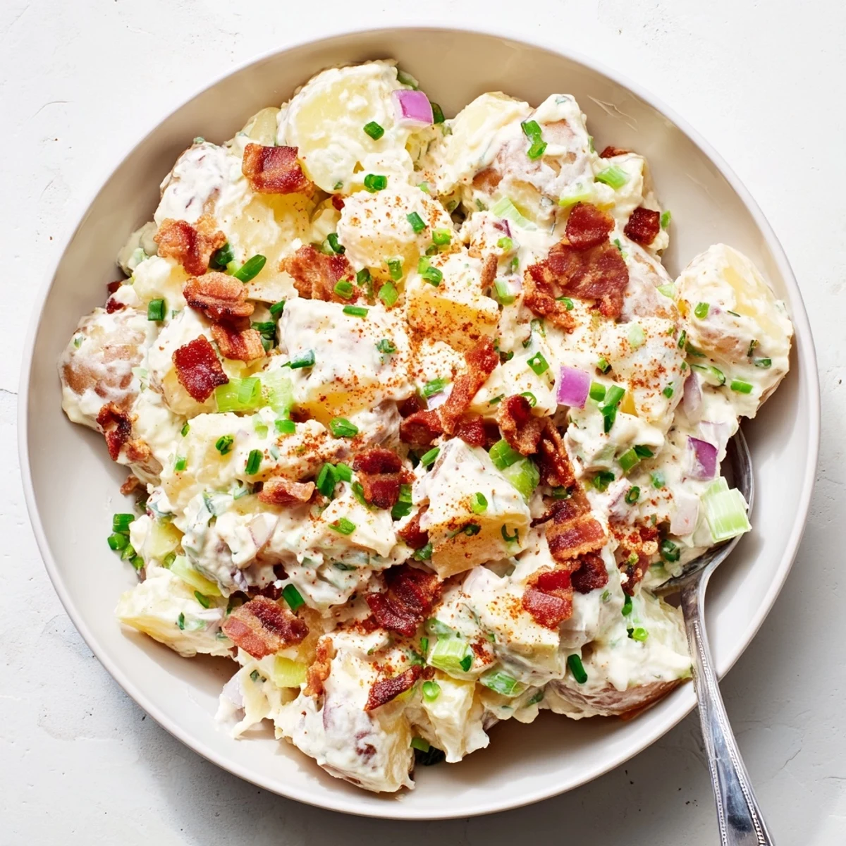 Creamy steakhouse potato salad with crumbled bacon, chives, and a tangy dressing served in a rustic bowl.