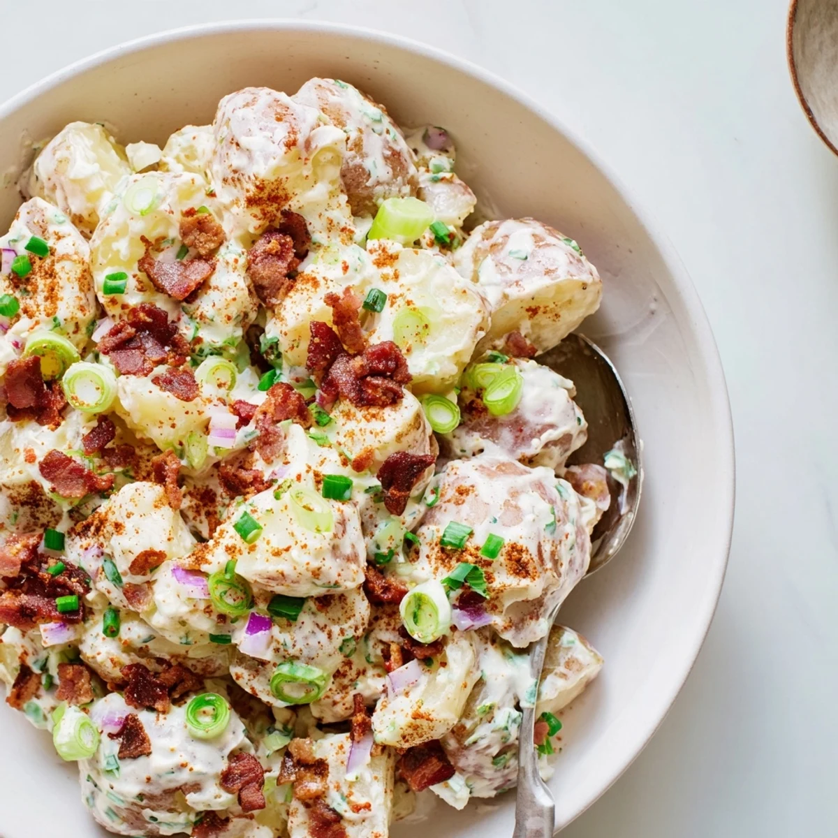 Hearty steakhouse potato salad featuring tender Yukon Gold potatoes, crisp bacon bits, and fresh chives on a plate.