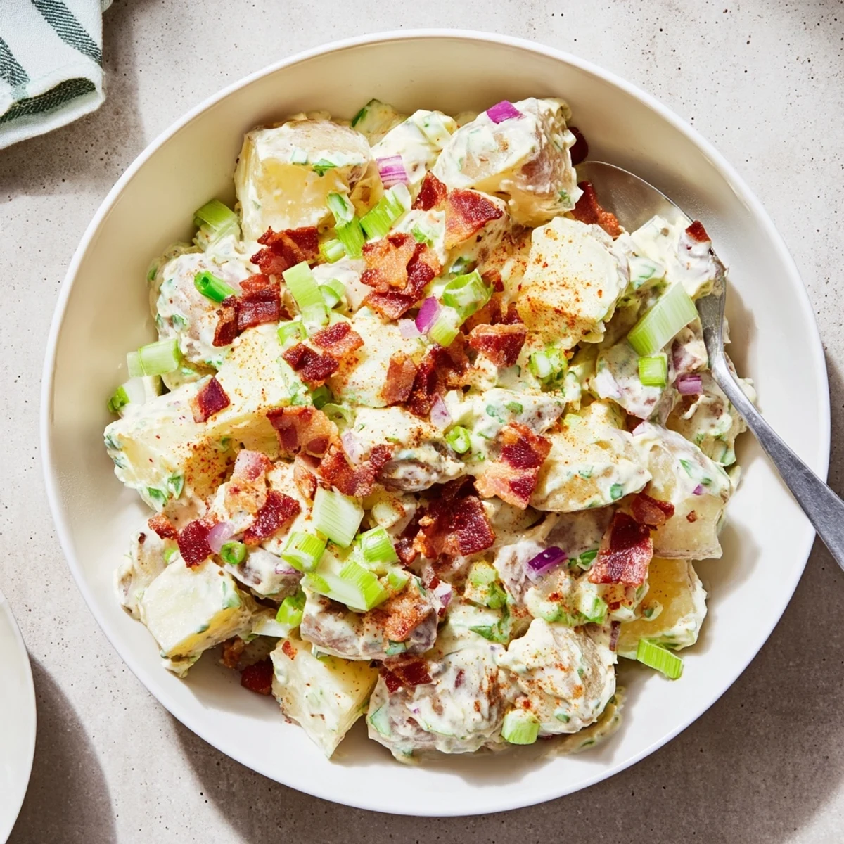 Southern-style steakhouse potato salad with creamy dressing, diced celery, and smoky bacon garnish, ready to serve at a BBQ.