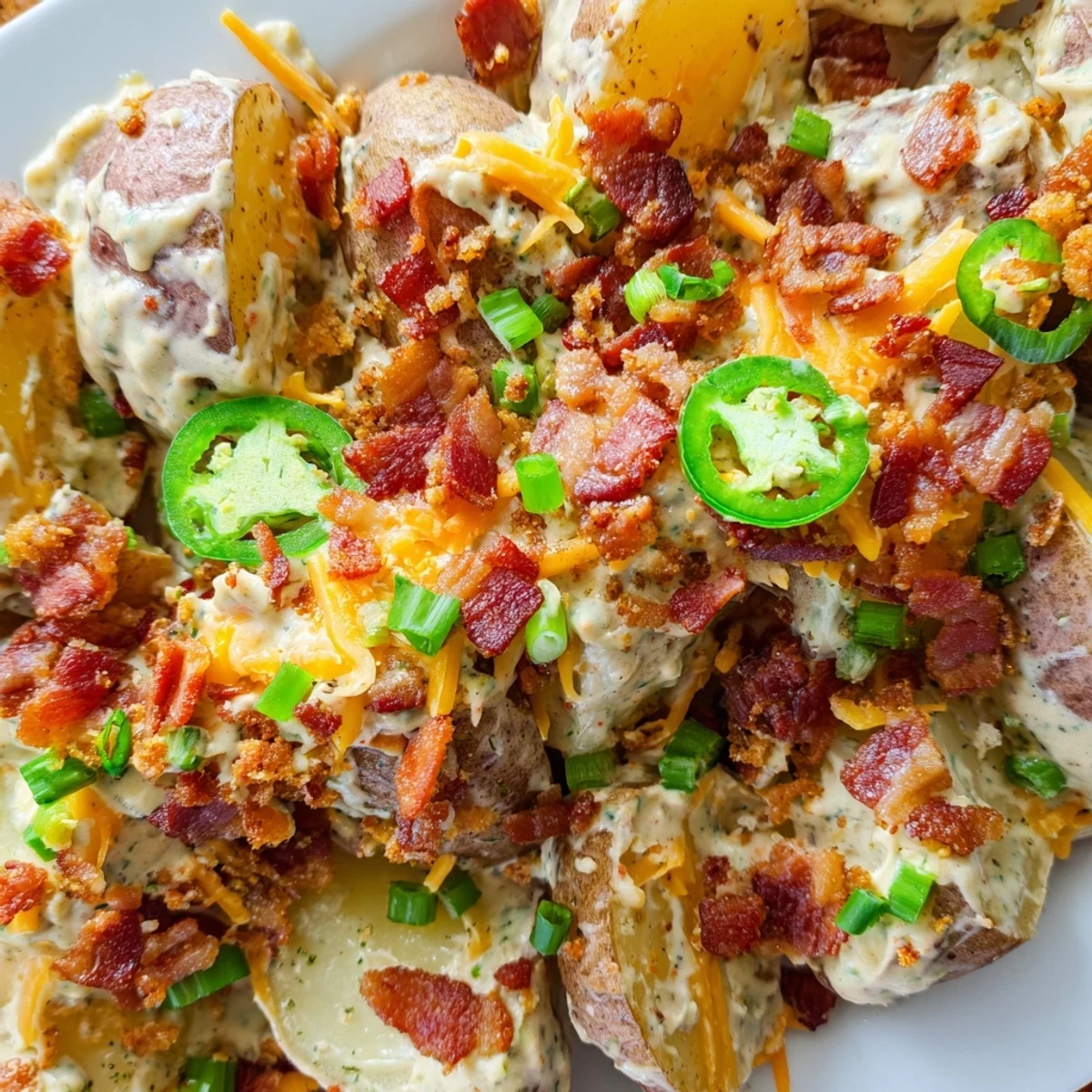 Golden roasted baby potatoes with crispy edges tossed in creamy jalapeño popper dressing with bacon bits and cheddar.