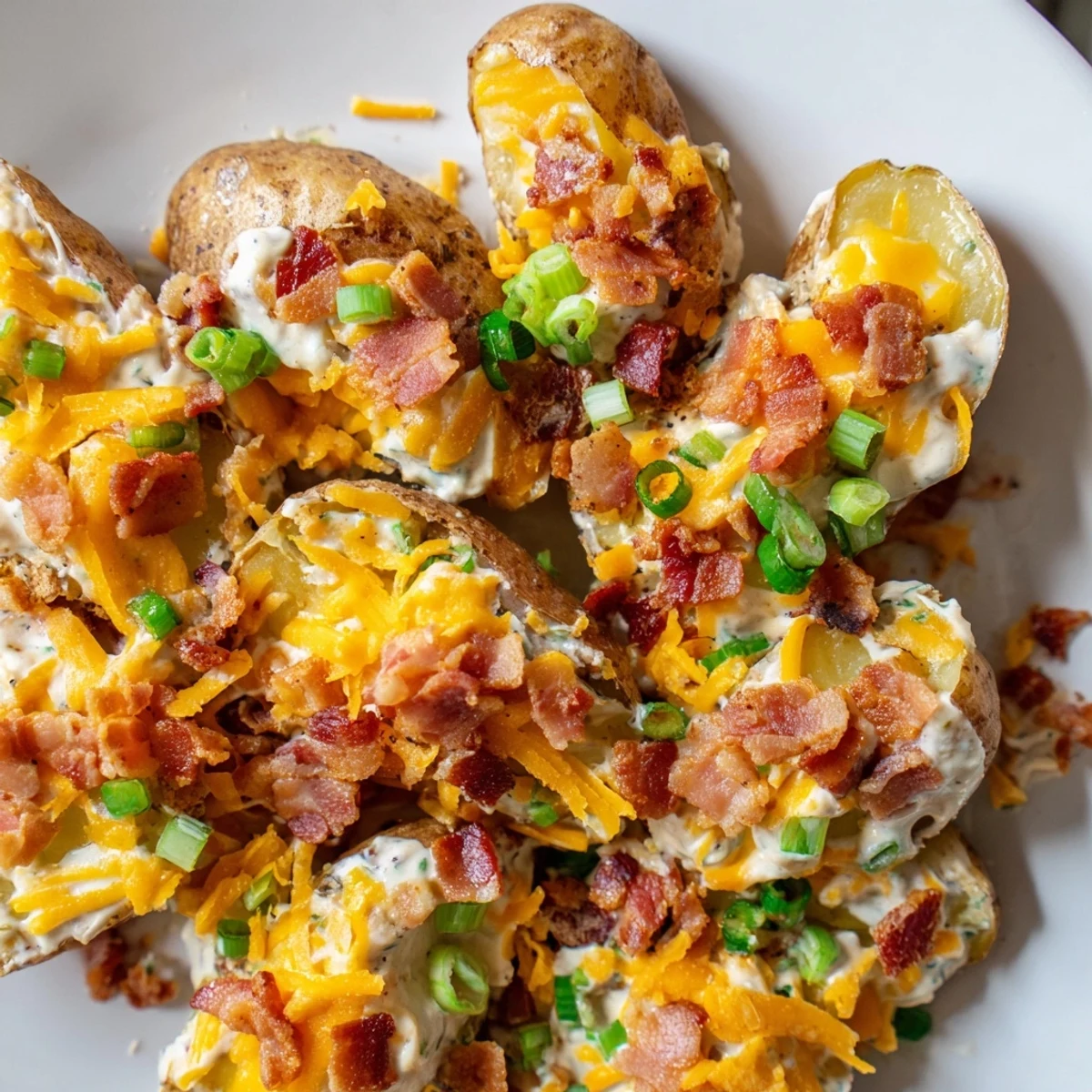 A bowl of creamy Jalapeño Popper Roasted Potato Salad with diced jalapeños, green onions, and shredded cheddar.