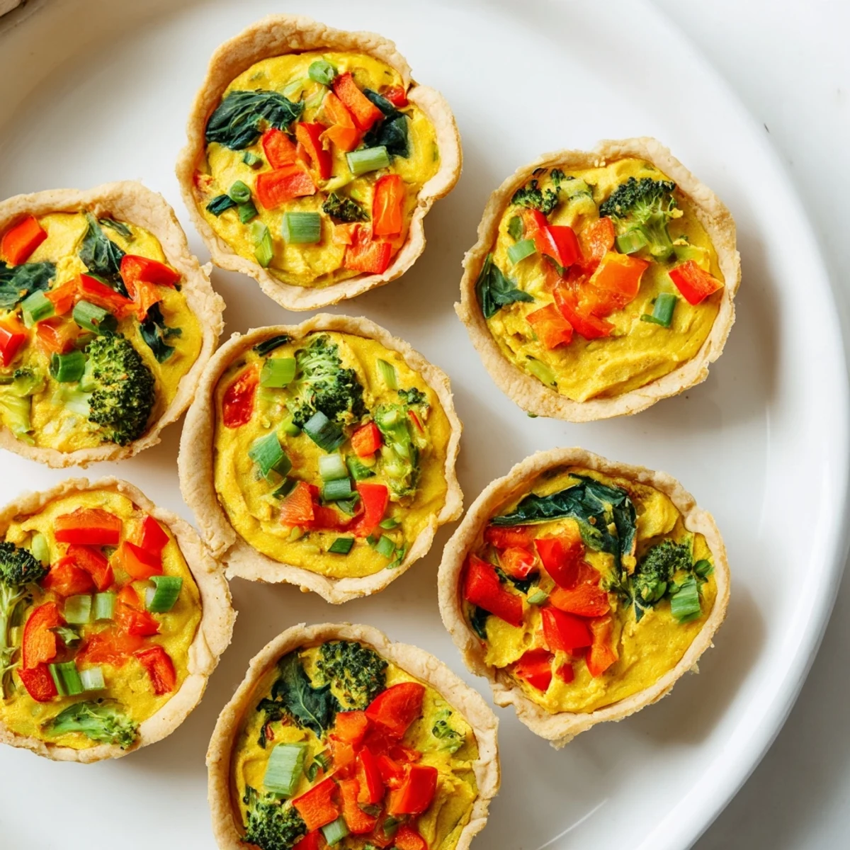 Golden-brown vegan mini quiches with vibrant red peppers and green spinach in a flaky crust.