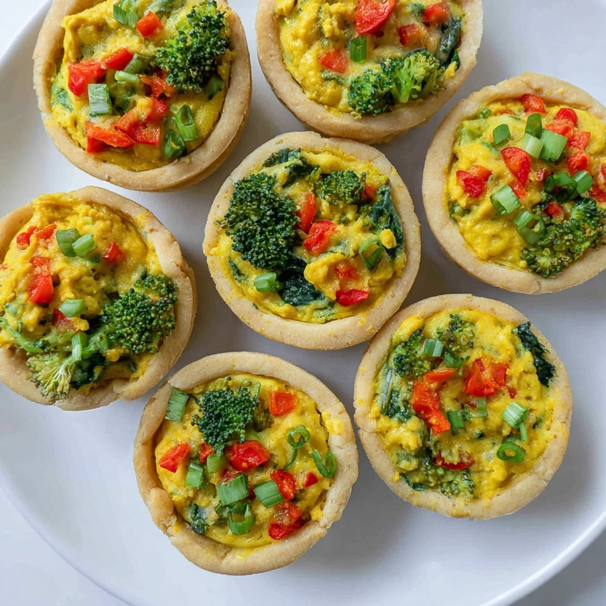 Savory vegan mini quiches featuring a creamy filling and crisp edges, served on a platter.