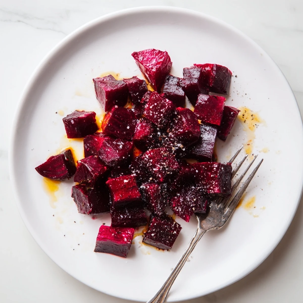The roasted beets glisten on a white plate, showcasing their deep ruby color and soft texture.