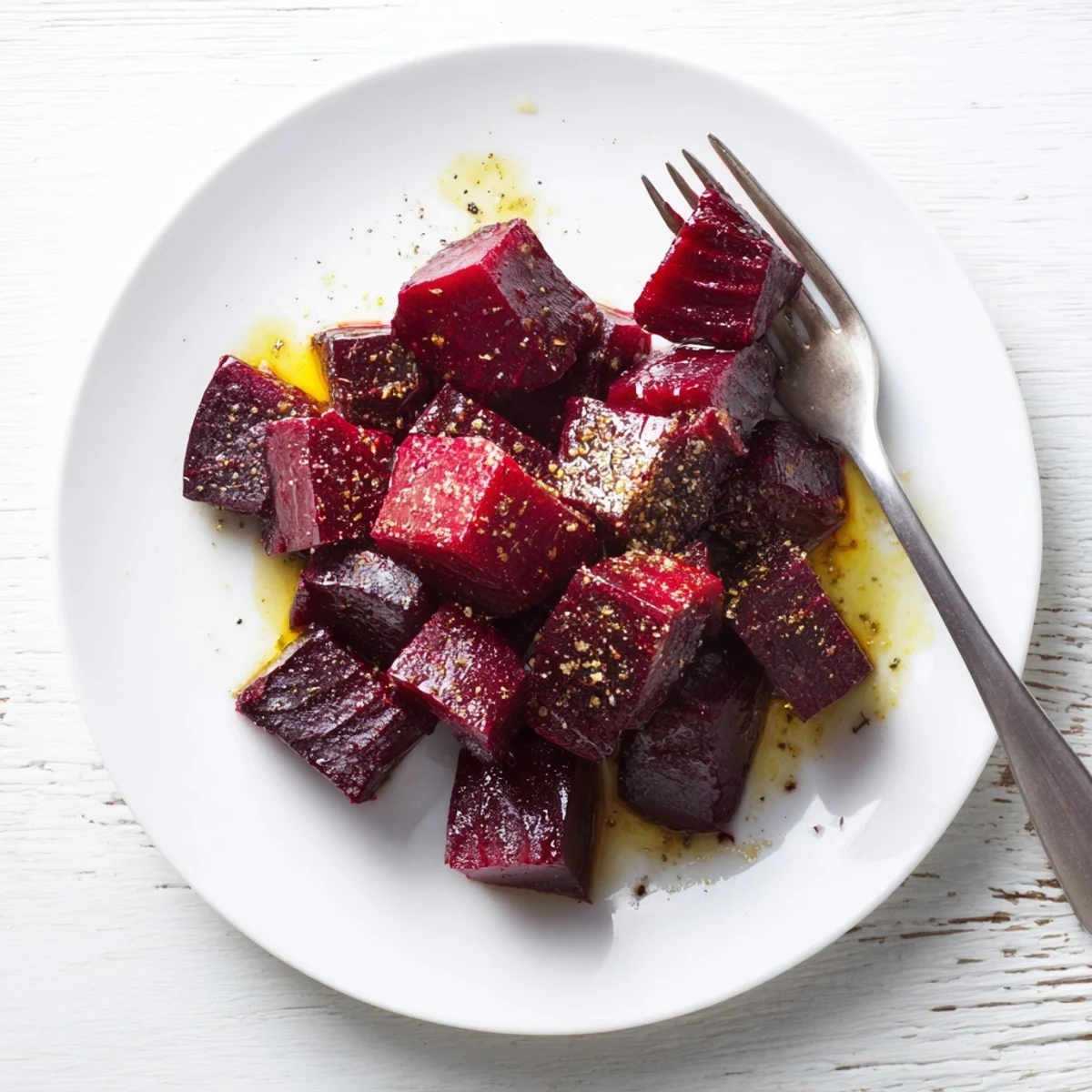 From a top-down view, Easy Roasted Beets are served alongside grilled chicken on a rustic wooden table.