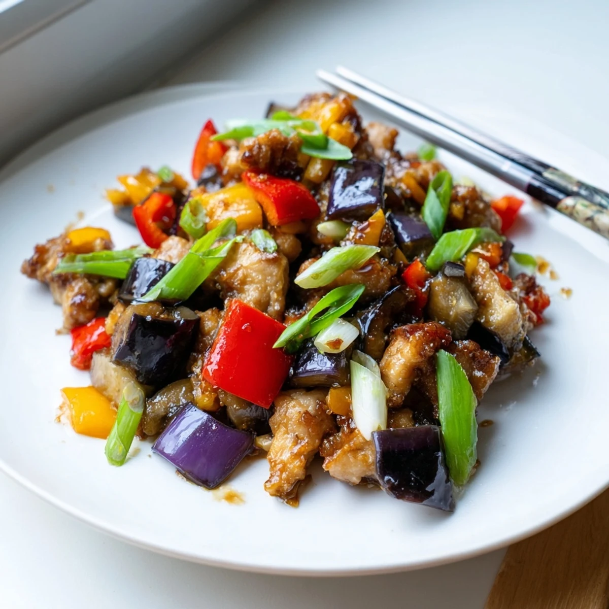 Stir-fried Black Vinegar Chicken with Bell Peppers and Eggplant served alongside fluffy white rice for a complete dinner.