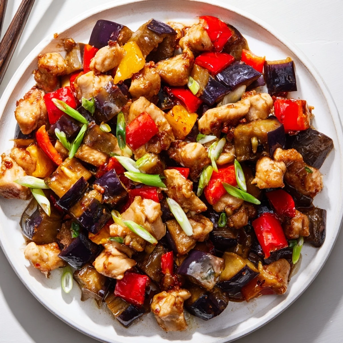 Colorful plate of Black Vinegar Chicken with Bell Peppers and Eggplant, highlighting the vibrant red and yellow peppers.