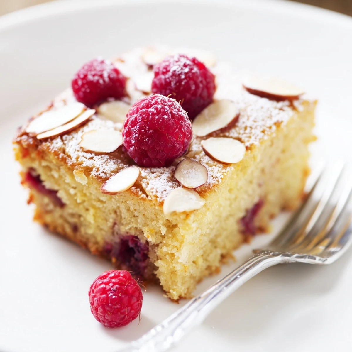 Freshly baked Soft Almond Raspberry Cake dusted with powdered sugar, served on a rustic plate.