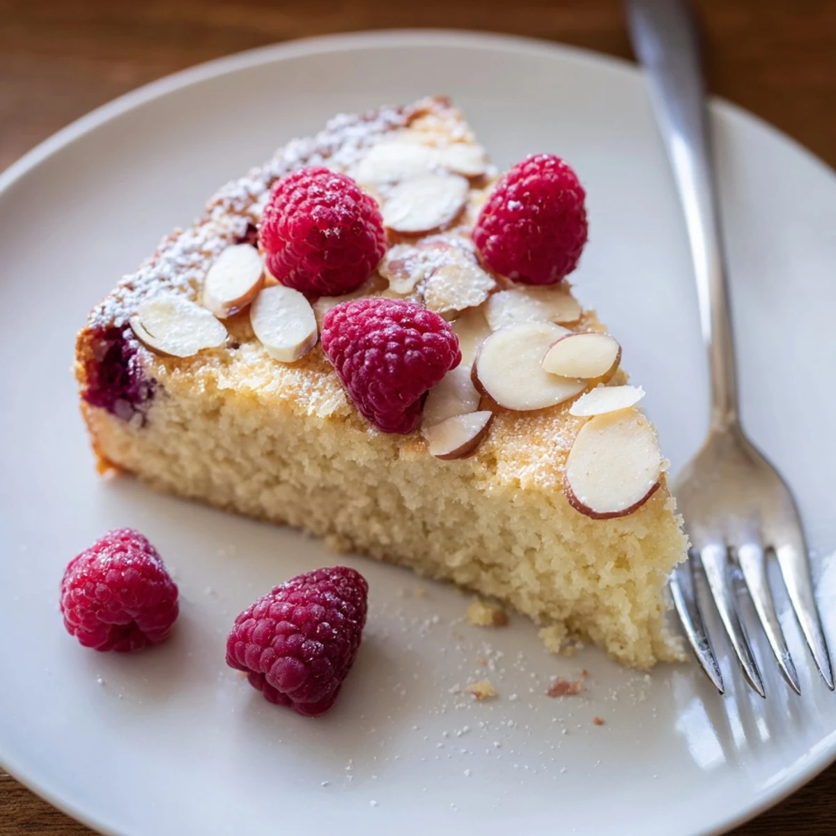 Moist Soft Almond Raspberry Cake with juicy berries, ready to slice for afternoon tea.