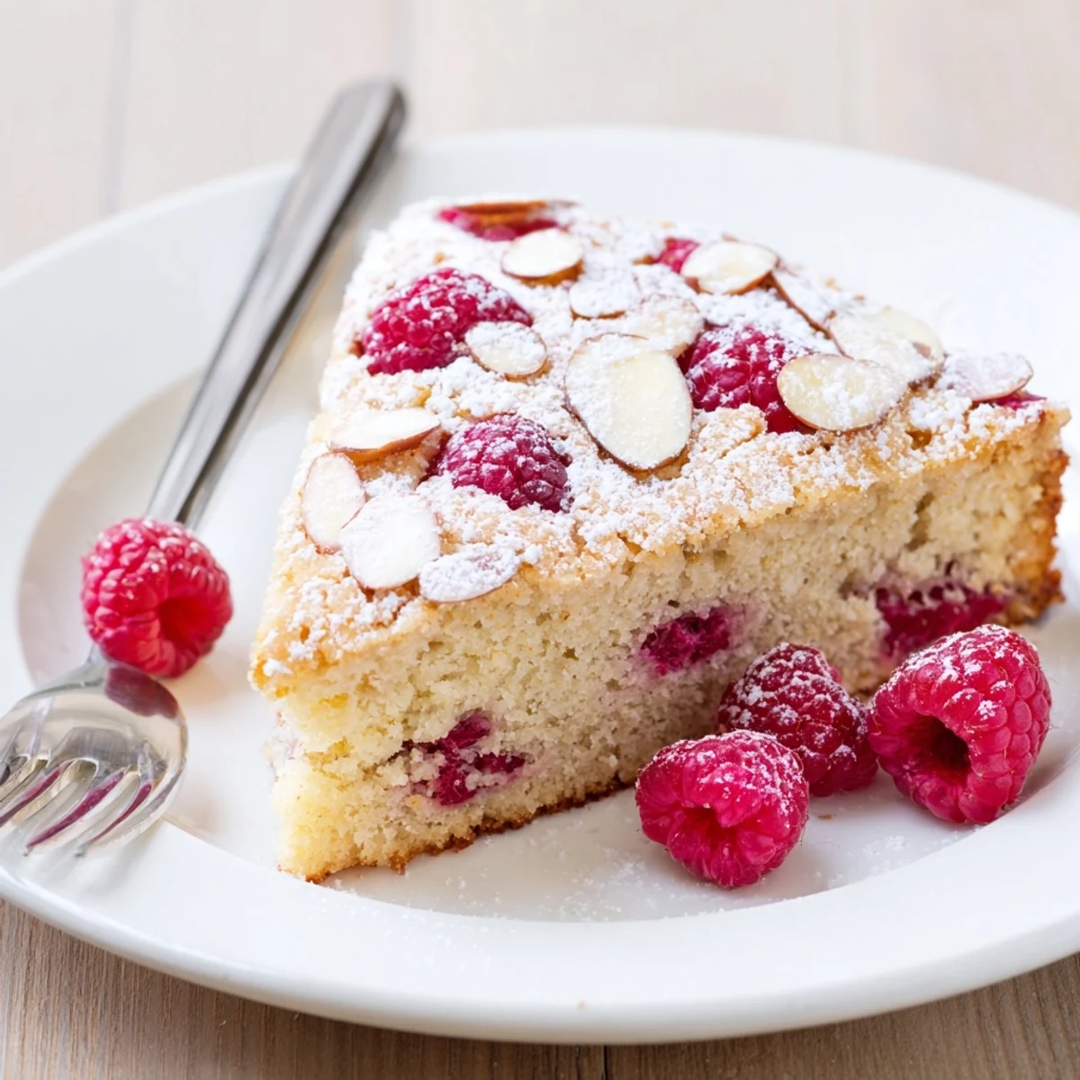Golden Soft Almond Raspberry Cake topped with sliced almonds and tart raspberries for a light dessert.
