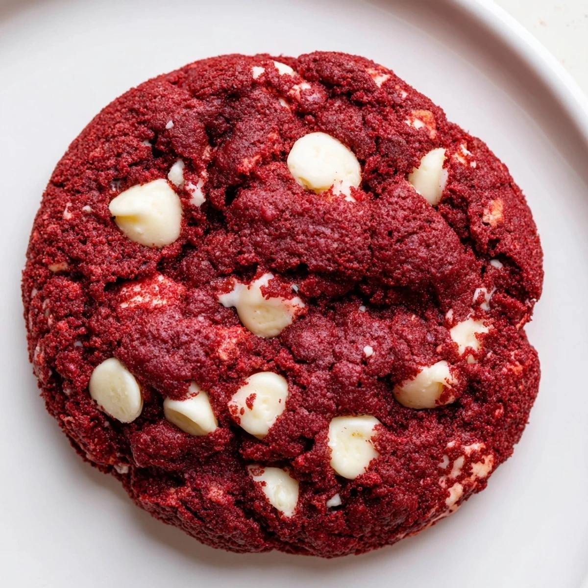 Freshly baked Red Velvet Cookies with creamy white chocolate chips on a cooling rack, showcasing their rich red color.