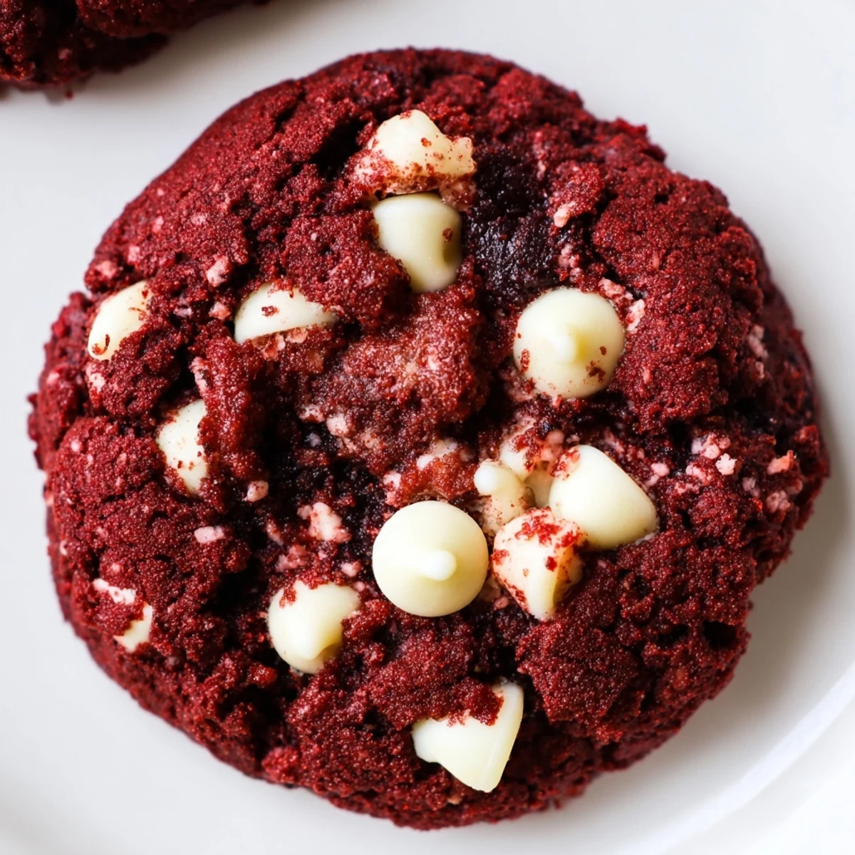 Served Red Velvet Cookies stacked on a white plate, hinting at their soft centers and classic cocoa flavor.