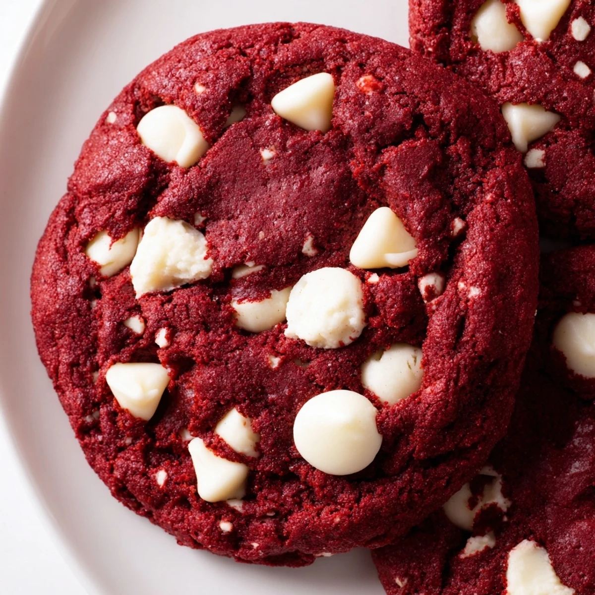 Decadent Red Velvet Cookies with white chocolate chips displayed on a rustic wooden surface, perfect for dessert lovers.