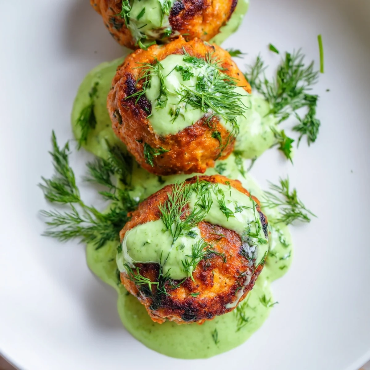 A close-up of tender salmon balls with a luscious avocado sauce, perfect as a gluten-free appetizer.
